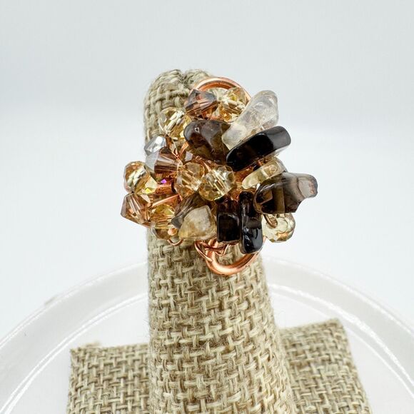 Vintage Rose Gold Wire Bead Stone Ring Chunky Handmade Artisan Bold Retro - Picture 5 of 8